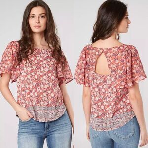 SALE Lucky Brand Mixed Media Floral Flutter Sleeve Cut-Out Blouse